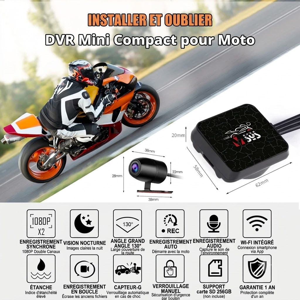 Dashcam Moto 2 Caméras Full HD — Vision Nocturne, Étanche