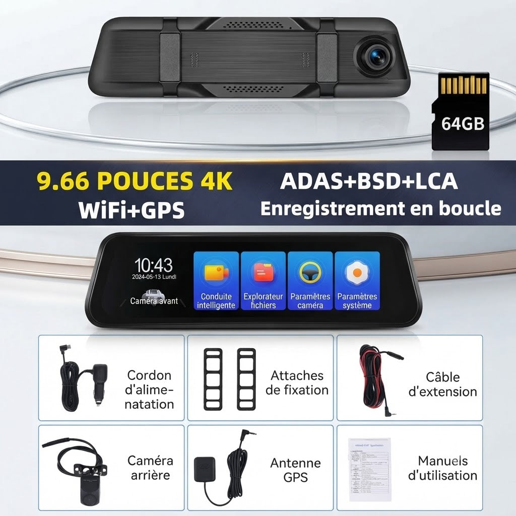 Dashcam Voiture 4K — Rétroviseur Tactile, Caméra Arrière & GPS