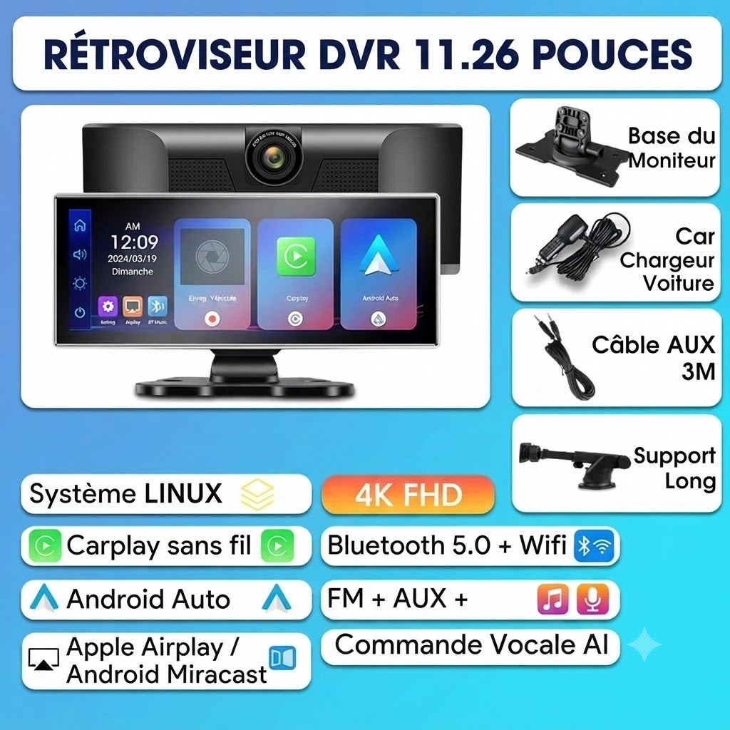Dashcam Voiture Rétroviseur 4K — Caméra Arrière & CarPlay Sans Fil