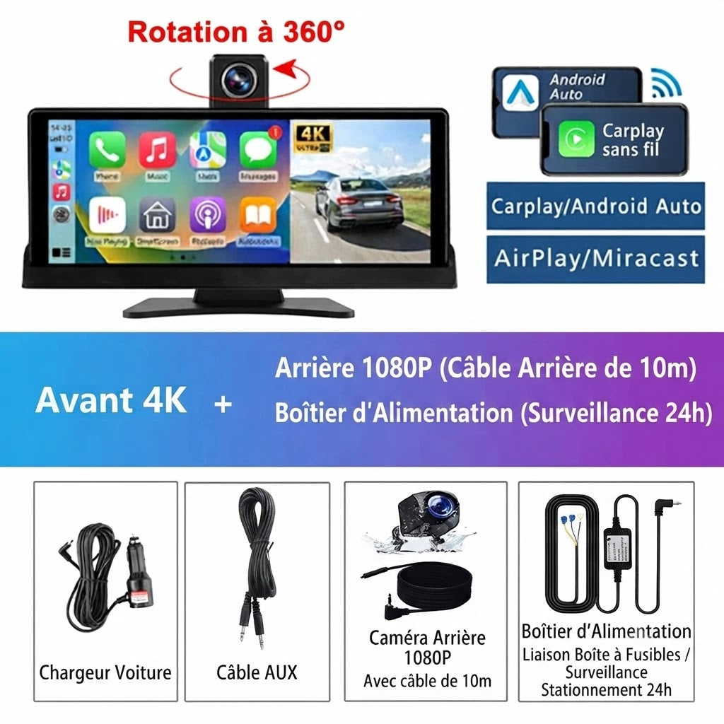 Dashcam Voiture 4K Écran Tactile 10.26" — CarPlay Sans Fil & Vision Nocturne