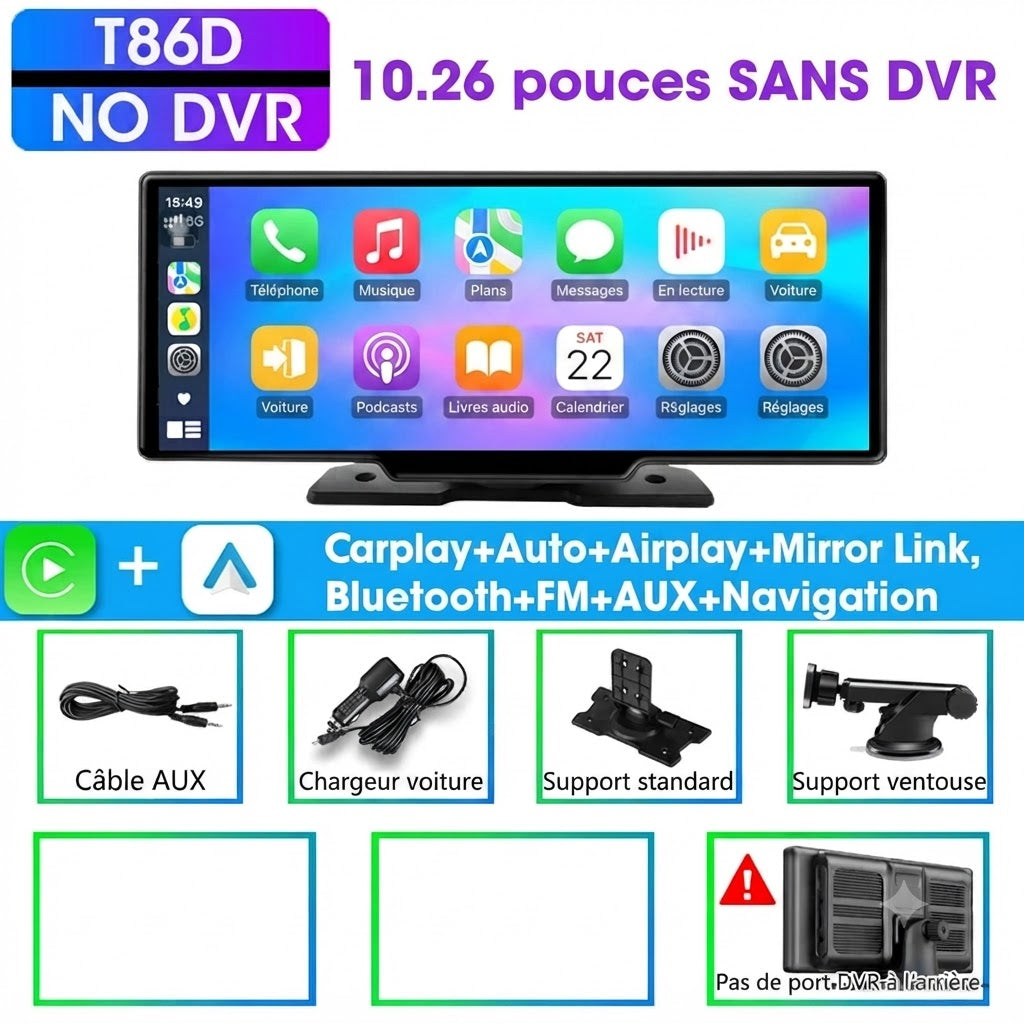 Dashcam Voiture 4K 10,26" CarPlay Sans Fil avec Caméra Arrière et GPS